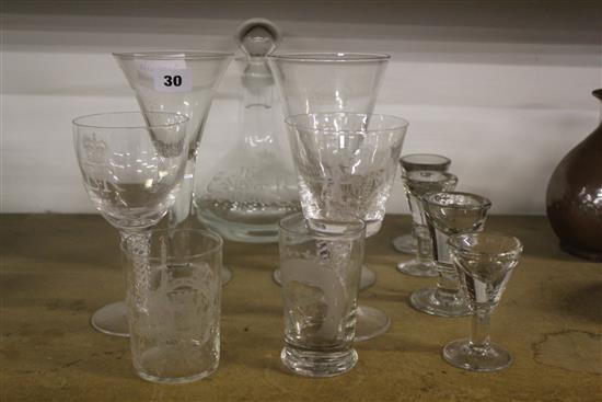 3 airtwist stemmed glasses, decanter etc